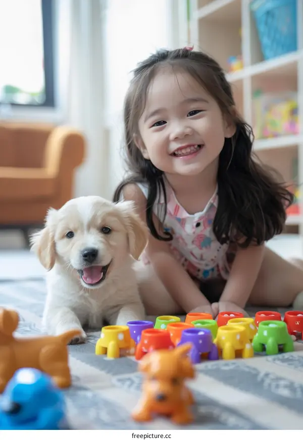 Asian toddler girl playing with a puppy