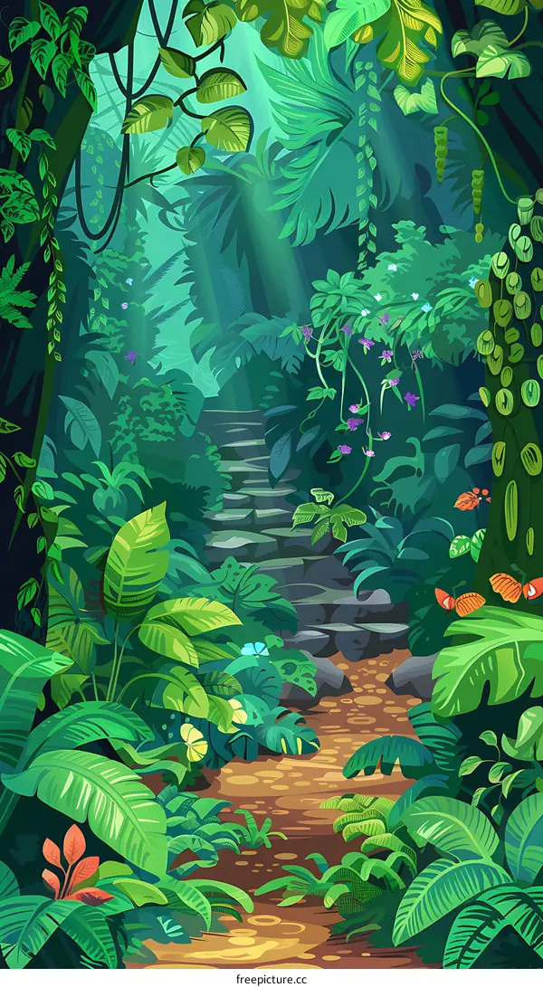Green Jungle Path with Stone Steps