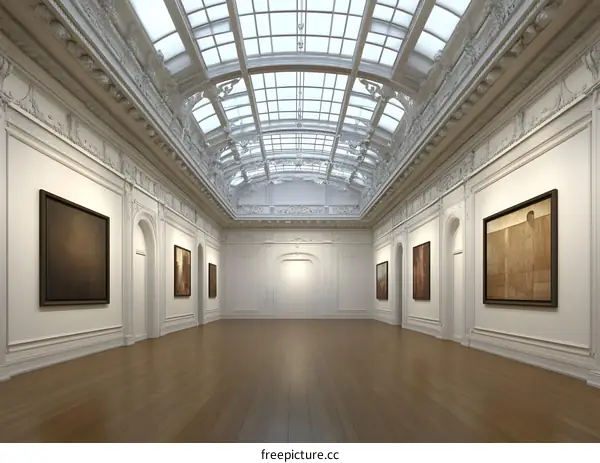 Empty Art Gallery with White Walls and a Glass Ceiling