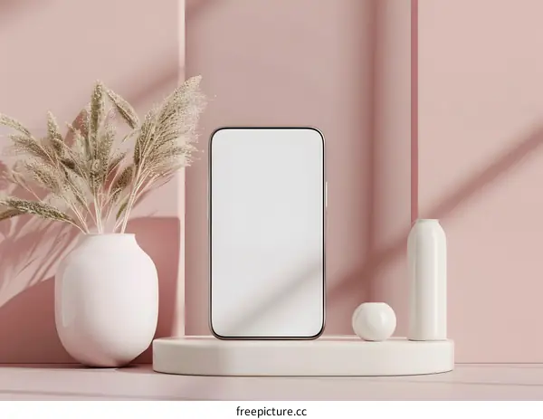 Minimalist Phone Mockup With White Vase And Dried Flowers