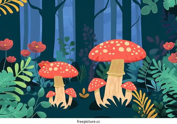 Forest Mushrooms and Flowers Illustration