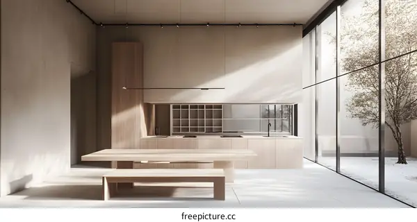 Minimalist Modern Kitchen with Large Glass Window and Courtyard View