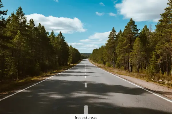 Long road surrounded by dense green trees under a clear blue sky