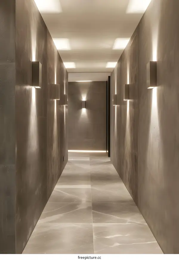Modern Interior Design Hallway with Marble Floor and Recessed Lighting