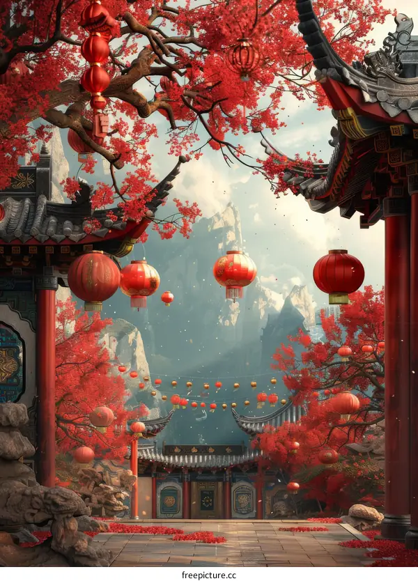 Oriental Courtyard with Red Lanterns and Cherry Blossoms