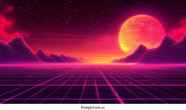 Retro Futuristic Landscape with Grid Lines