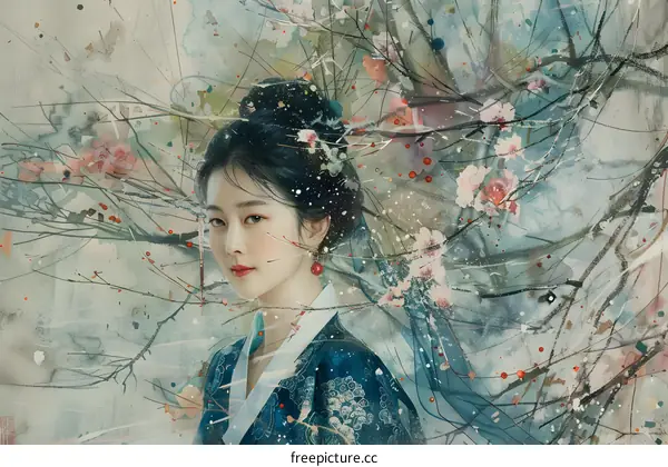 Portrait of a young woman in a blue dress with a white background