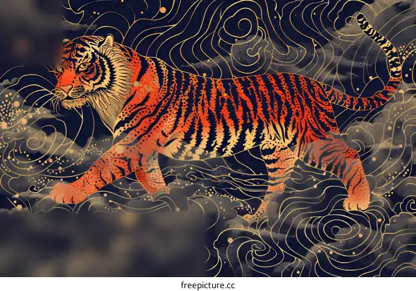 A depiction of a tiger walking in a field of clouds