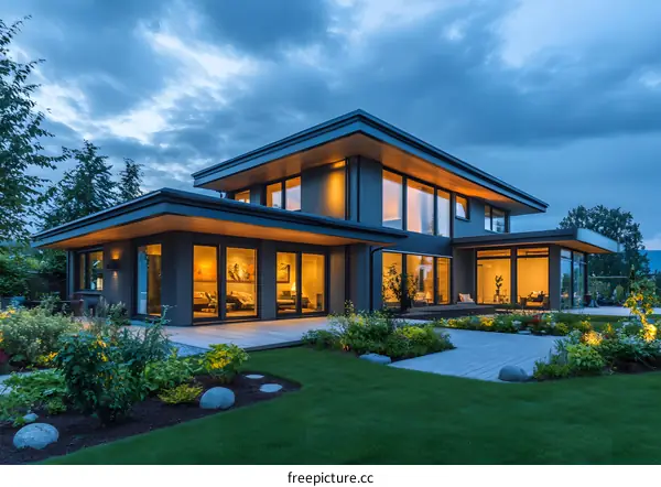 Modern House with Large Windows and Backyard