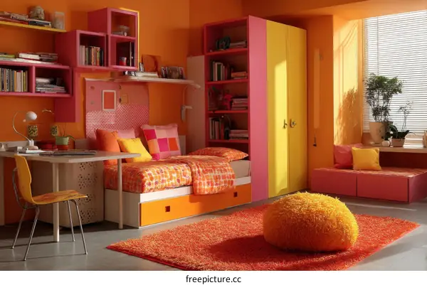 Colorful Kids Room with Orange and Yellow Furniture