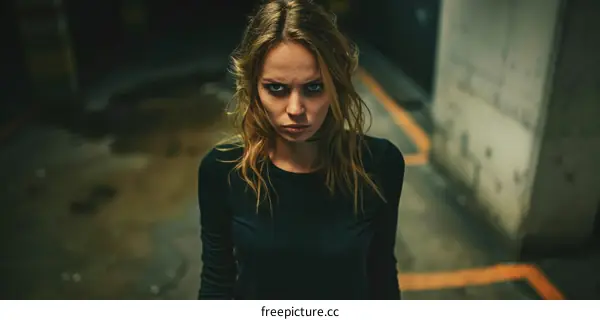 Portrait of a serious blonde woman in a dark place