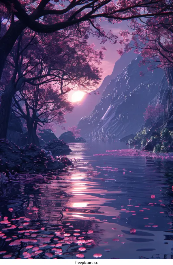 Fantasy Landscape with River and Cherry Blossoms