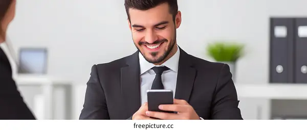 Smiling Businessman Uses Smartphone in Office