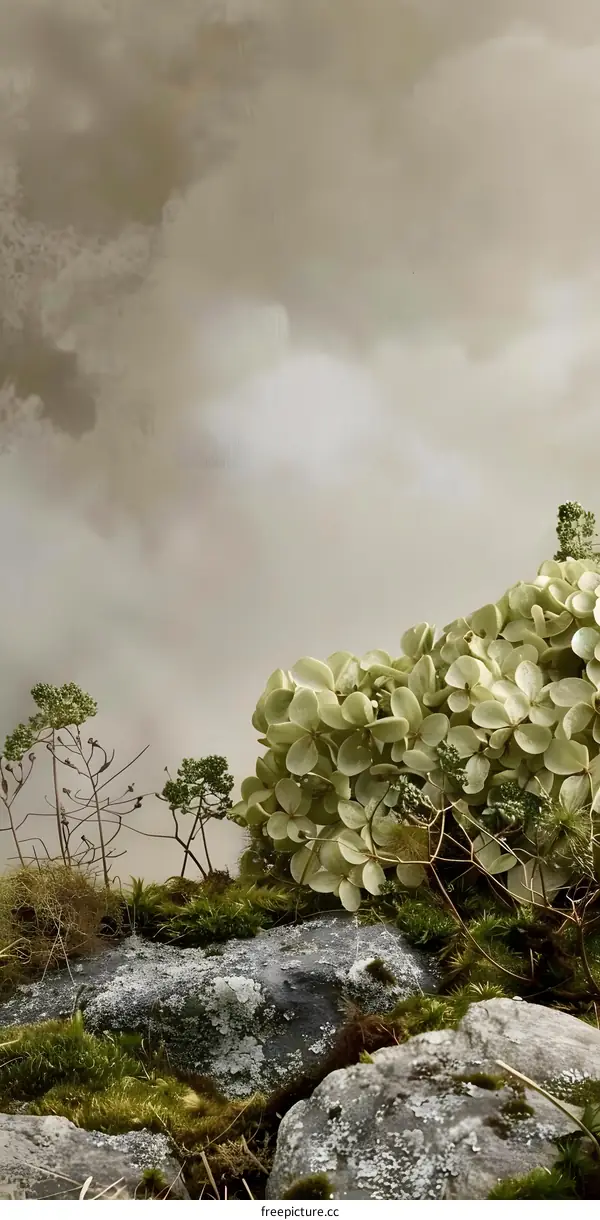 Green Flowers on Rocks Against Cloudy Sky