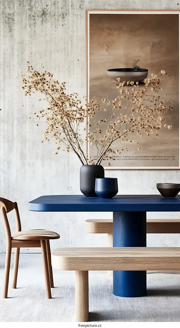 Modern Dining Table with Wooden Benches and Decorated Walls