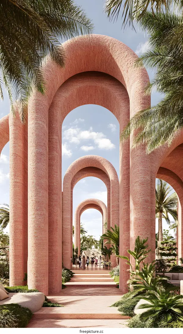 Pink Brick Arches Pathway with Palm Trees