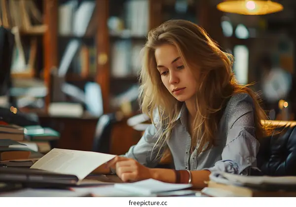 Young Woman Studying in a Library with Books