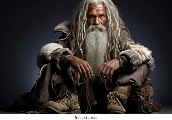 Portrait of a Rugged Old Man with Long White Hair and Beard