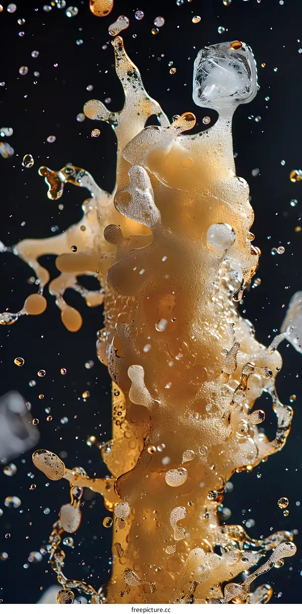 Close Up of Fizzy Brown Liquid with Ice Cube Splashing
