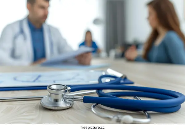 Stethoscope on desk with blurred background of doctor and patient