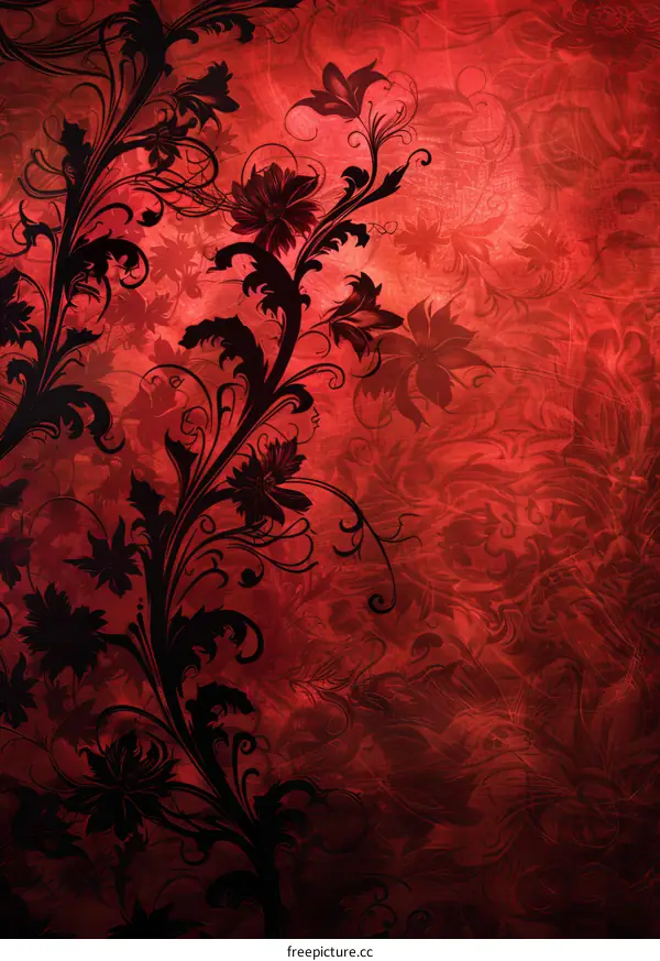 Black Floral Design with Vines on Red Background