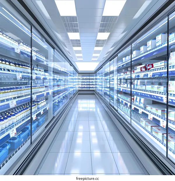 Empty Supermarket Aisle with Refrigerated Shelves