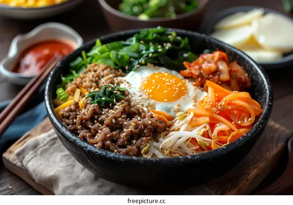 Bibimbap with Egg, Spinach, Carrots, Bean Sprouts, and Kimchi