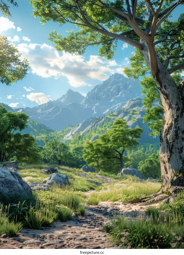 Enchanted Fantasy Landscape with Mountains and Trees