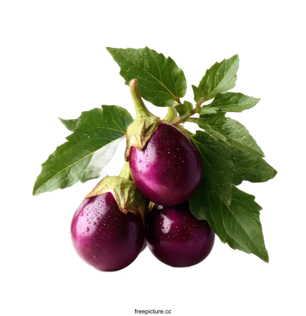 [Transparent Background PNG]Fresh Purple Eggplants with Leaves