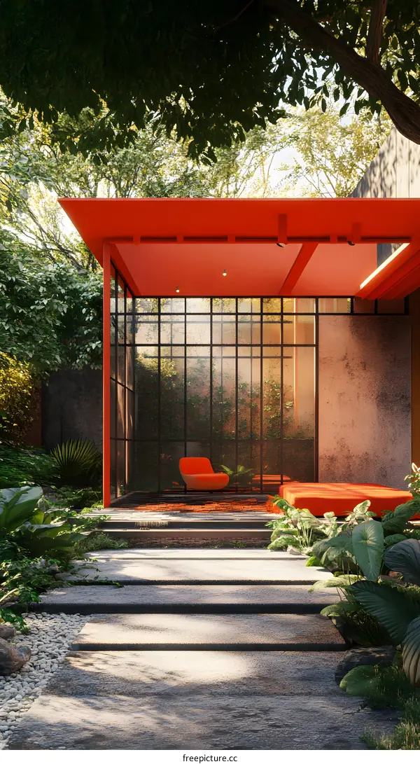 Modern Architecture with Red Roof and Patio