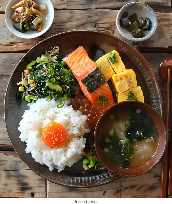 Japanese Meal with Salmon Rice and Soup