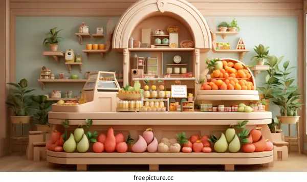 Small grocery store interior with lots of fruits and plants