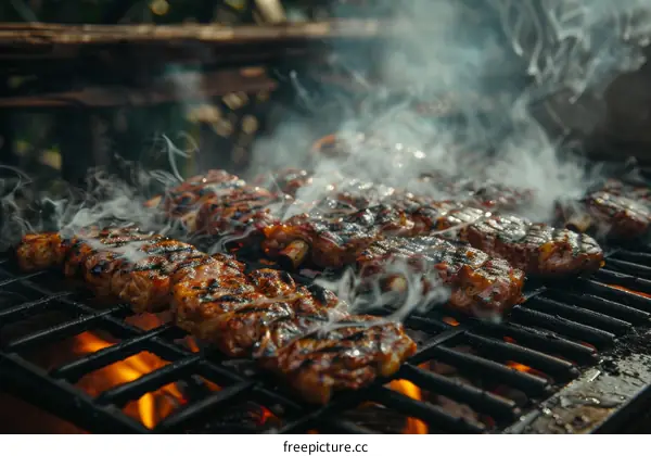 A group of people grilling meat on a barbecue