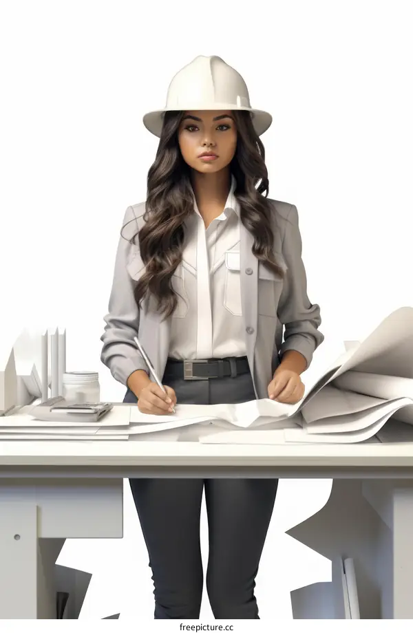An illustration of a female architect wearing a hard hat and holding a pen.