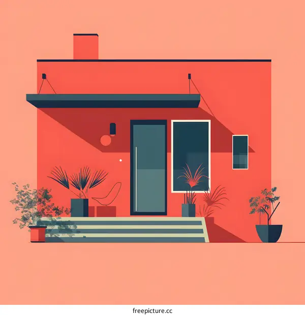 Modern Minimalist House with Red Walls and Green Plants