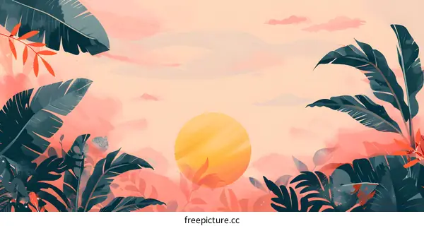 Tropical Sunset Illustration with Pink Sky and Green Leaves