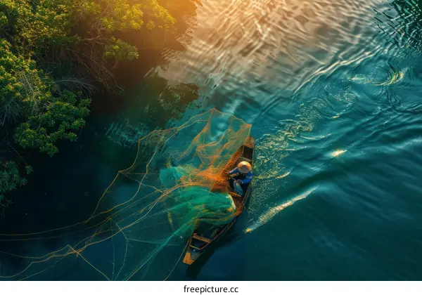 A fisherman in a boat is casting his net into the water
