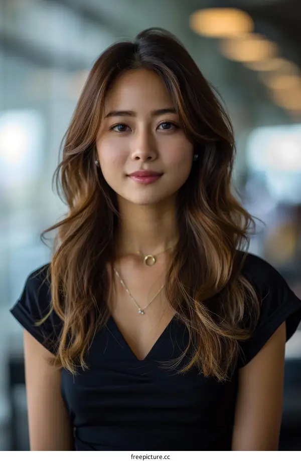 Portrait of a young Asian woman with long brown hair wearing a black dress