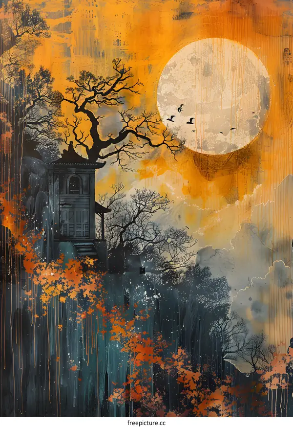 Silhouettes of Trees and a House Against a Large Full Moon
