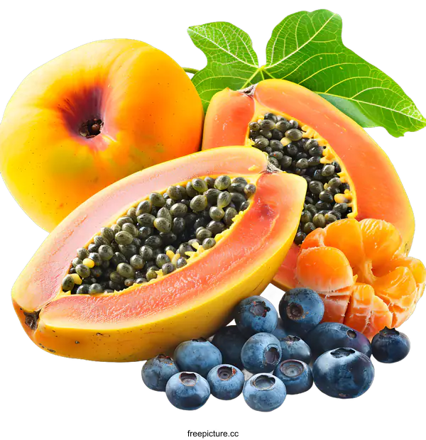 [Transparent Background PNG]Fresh Tropical Fruits and Berries Papaya Peach and Blueberries