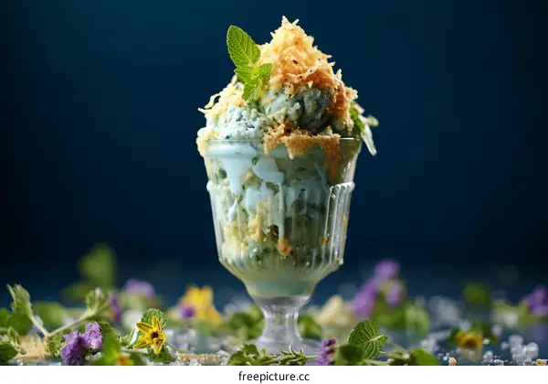 Blue ice cream in glass cup with edible flowers and herbs