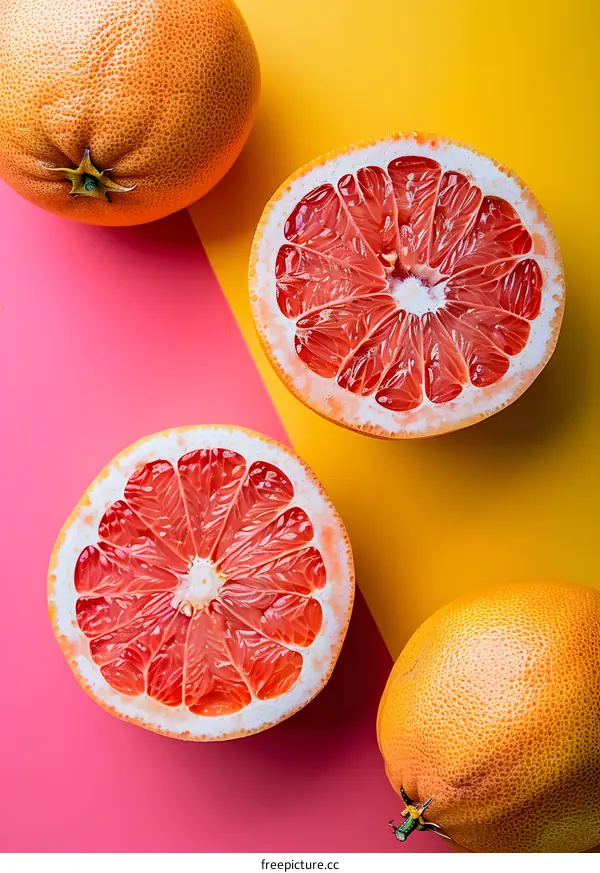 Fresh Grapefruit Slices on Pink and Yellow Background