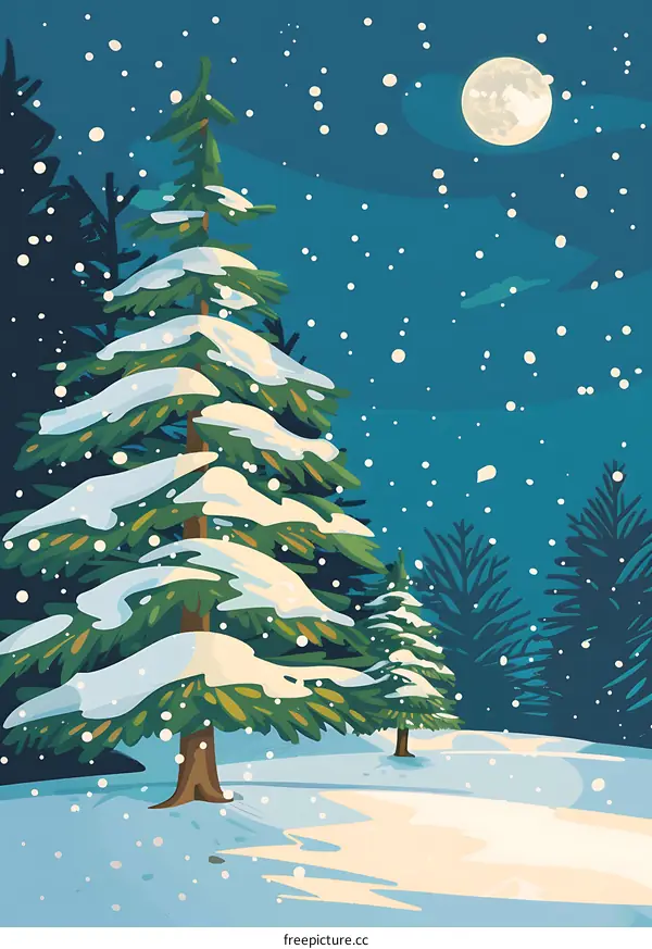 Winter Forest Night With Snow And Full Moon