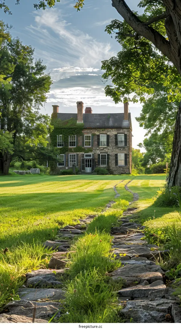 Stone path leading through nature to a traditional brick house