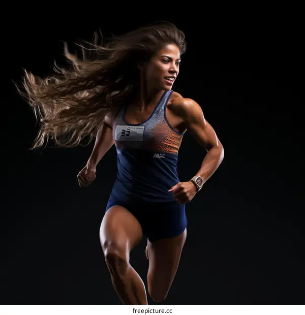 Confident female runner with long brown hair flowing behind her