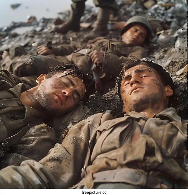 Three American soldiers sleeping on the ground during World War II