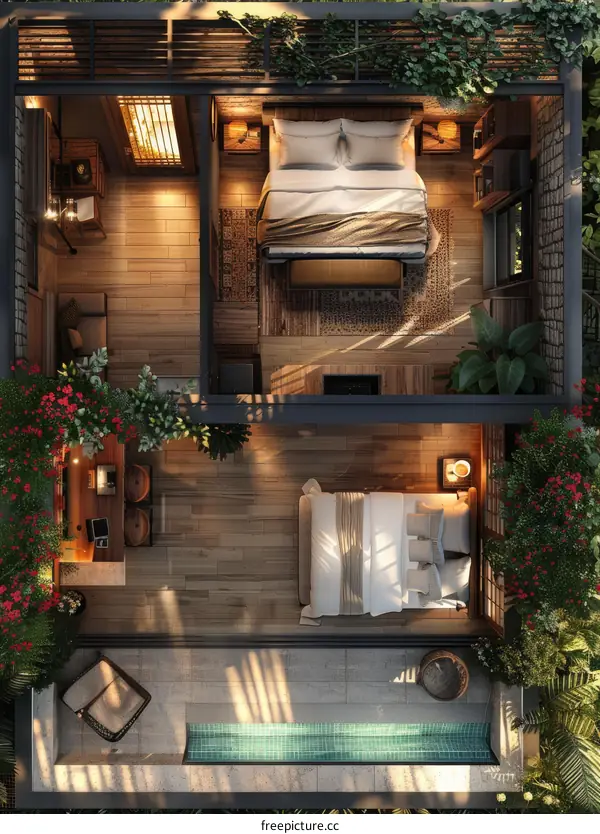 Aerial View of a Modern Tropical Bedroom with a Pool