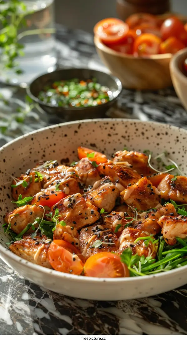 A bowl of delicious chicken with vegetables and sesame seeds
