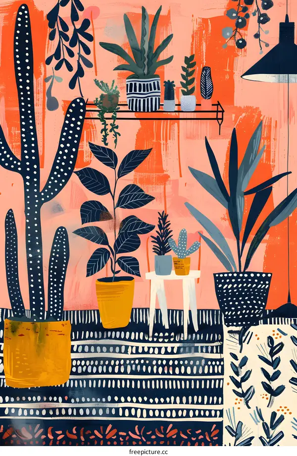 Indoor Plants Illustration with Geometric Patterns
