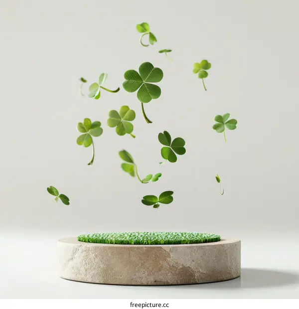 Green clovers floating above a stone podium against a white background